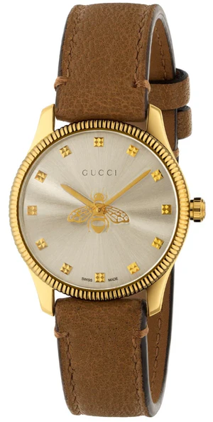Gucci G-Timeless Champagne Bee Motif Leather Strap Watch