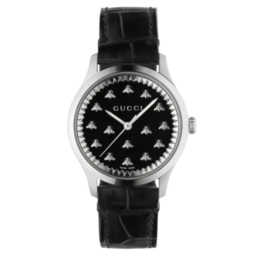 Gucci G-Timeless Black Onyx Bee Motif Leather Strap Watch