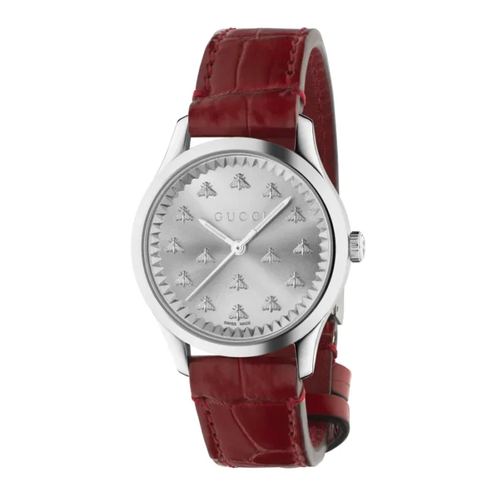 Gucci G-Timeless Silver Dial Red Leather Strap Watch